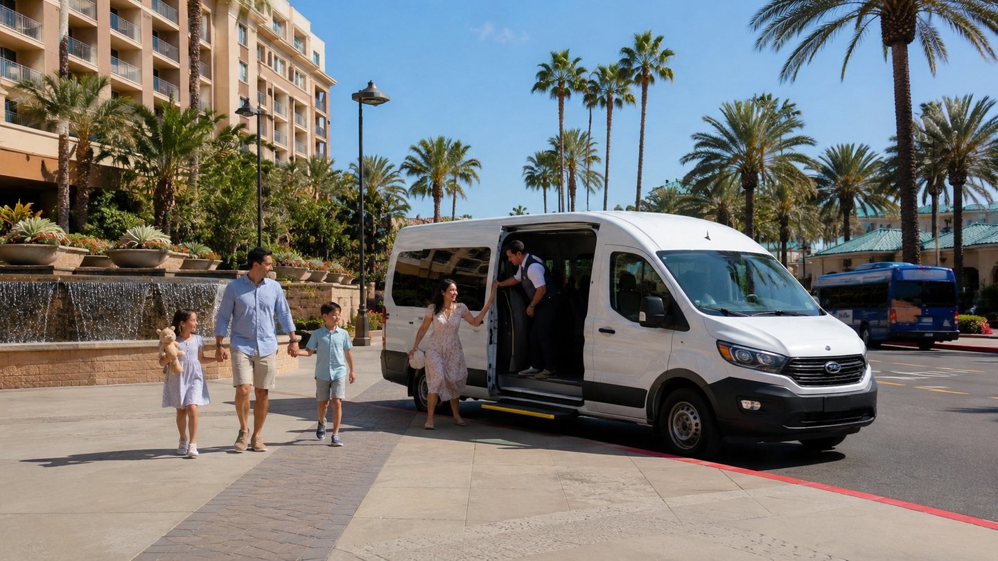 Family arriving by white shuttle van in the Anaheim resort district