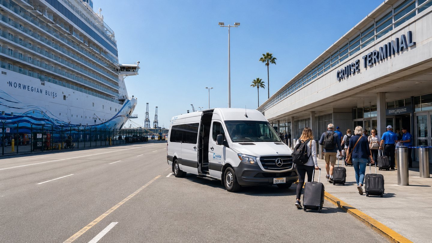White shuttle van meeting cruise passengers at the Long Beach Cruise Terminal