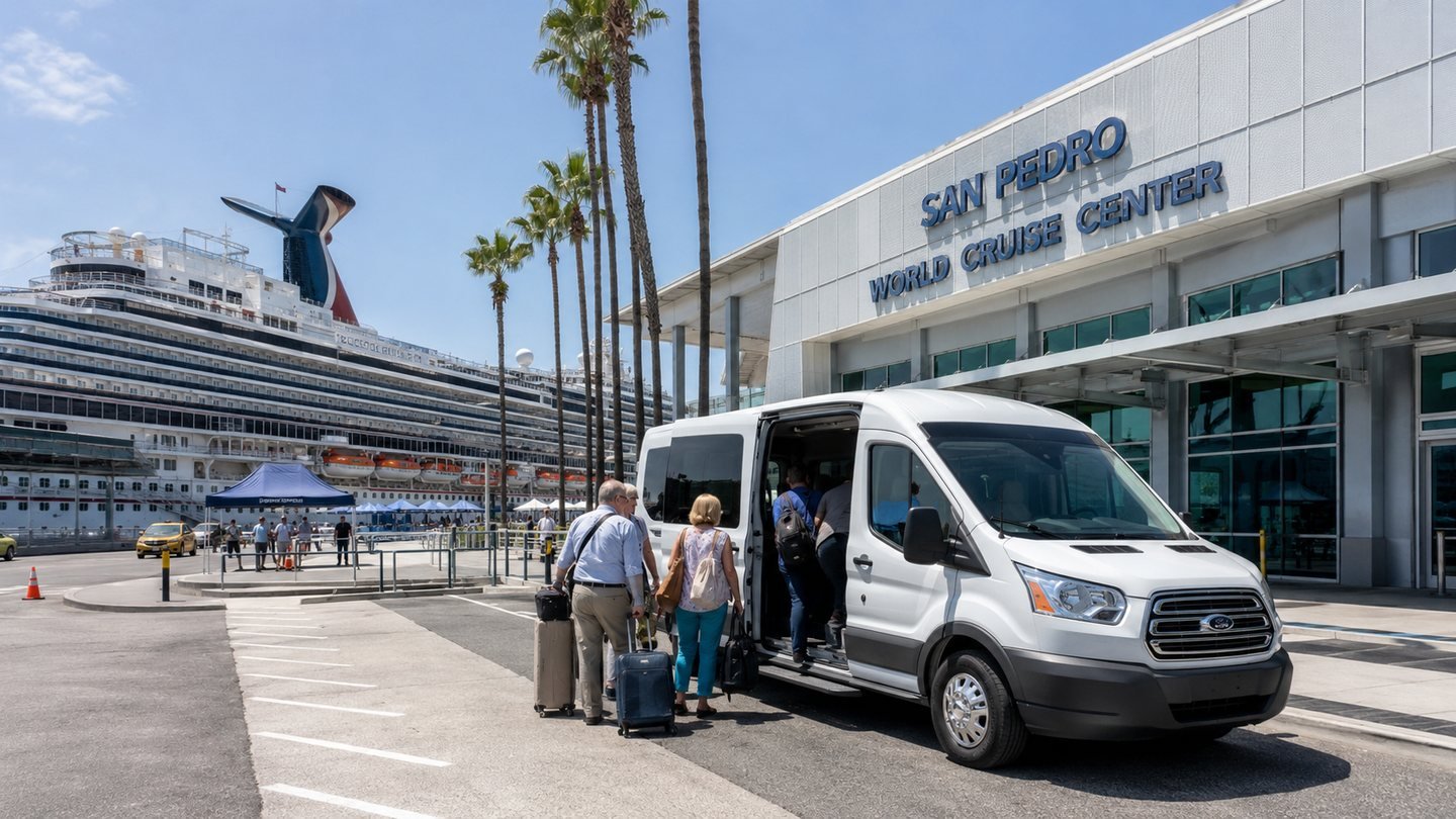 Cruise passengers boarding a white shuttle van at the San Pedro World Cruise Center